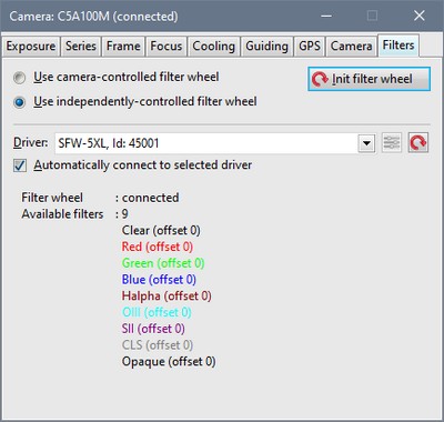 The Filters tab of the SIPS Imaging Camera tool allows selection between camera-controlled and standalone filter wheels