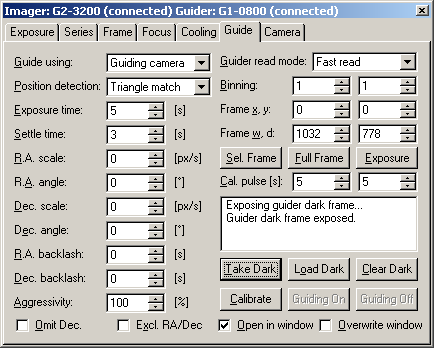 Guider tab of the SIMS CCD Camera control tool