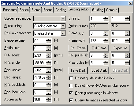 The Guiding setup tab of the CCD Camera tool